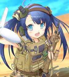  assault_rifle blue_eyes blue_hair blush bulletproof_vest commentary_request female fn_scar gun headset highres load_bearing_vest looking_at_viewer looking_up magazine_(weapon) muzzle_device open_mouth original rifle sawatariyu smile solo uav weapon 