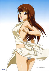  1990s_(style) ass back bare_shoulders brown_eyes brown_hair clenched_hand covered_nipples cowboy_shot doi_shizuha female gradient_background highres long_hair looking_at_viewer looking_back no_bra non-web_source official_art open_mouth page_number panties pantyshot photoshop_(medium) retro_artstyle shirt skirt solo standing stratos_4 tied_shirt underwear white_panties yamauchi_noriyasu 