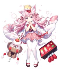  absurdres animal animal_ears animal_on_head azur_lane bell blush bow canine cat_ears cat_tail cherry_blossoms closed_mouth commentary dango dot_nose eyes_visible_through_hair female floating_hair floral_print flower food frilled_kimono frilled_sash frills fruit full_body fur_collar hair_between_eyes hair_flower hair_ornament hair_ribbon hair_rings hairbow hands_up highres japanese_clothes jingle_bell kagami_mochi kimono kisaragi_(azur_lane) kisaragi_(new_year&#039;s_wish)_(azur_lane) knees_together_feet_apart long_hair long_sleeves looking_at_viewer mandarin_orange mochi obi official_alternate_costume on_head orange_(fruit) own_hands_together pantyhose petals pigeon-toed pink_eyes pink_hair pink_kimono red_bow red_ribbon ribbon sanshoku_dango sash shiba_inu shide short_kimono simple_background smile standing symbol-only_commentary tabi tachi-e tail tareme torpedo turret wagashi white_background white_pantyhose wide_sleeves yampa 