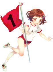  bandaid bandaid_on_knee bandaid_on_leg blush brown_eyes brown_hair buruma commentary_request female flag full_body gym_uniform hair_ornament hairclip highres igarashi_maina namanie numbered_flag official_art open_mouth photoshop_(medium) psycome red_buruma shoes short_hair simple_background sneakers socks solo tears wavy_mouth white_background 