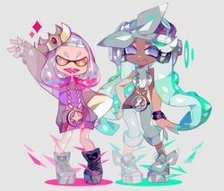  +_+ 2girls :d amakusa_(hidorozoa) bandana black_footwear bright_pupils buck_teeth cephalopod_eyes crop_top crown dark-skinned_female dark_skin grey_background grey_footwear hand_on_own_hip hand_up headphones inkling jewelry long_sleeves looking_at_viewer marina_(splatoon) mole mole_under_mouth multiple_girls necklace octoling open_mouth orange_eyes pearl_(splatoon) pigeon-toed ring shoes shorts simple_background sleeves_past_wrists smile sneakers splatoon_(series) splatoon_2 standing suction_cups teeth tentacle_hair thumb_ring watch waving wristwatch 