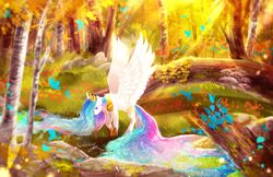  alicorn aquagalaxy arthropod autumn birch butterfly cutie_mark day equid equine feathered_wings feathers female feral field forest friendship_is_magic fungus fur gold_(metal) grass hair hasbro hooves horn insects lepidopteran light log long_hair mammal multicolored_hair mushroom my_little_pony mythological_creature mythological_equine mythology outside plant princess_celestia_(mlp) purple_eyes rock solo standing sunlight tree white_body white_feathers white_fur wings wood 