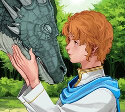  1boy annelie artur_(fire_emblem) bad_id bad_pixiv_id brown_eyes closed_eyes dated day dragon fire_emblem fire_emblem:_the_sacred_stones hands_on_another&#039;s_head looking_at_another male_focus orange_hair outdoors robe signature smile tree 