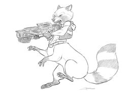  2018 5_fingers angry beastbehavior belt bottomless claws clothed clothing featureless_crotch fingers fluffy fluffy_tail gloves_(marking) guardians_of_the_galaxy gun holding_gun holding_object holding_ranged_weapon holding_weapon jacket jumping leg_markings mammal mammal_taur markings marvel monochrome partially_clothed procyonid procyonid_taur raccoon raccoon_taur ranged_weapon ring_(marking) ringed_tail rocket_raccoon signature simple_background socks_(marking) solo striped_markings striped_tail stripes tail tail_markings taur taurification taurified teeth topwear weapon white_background 