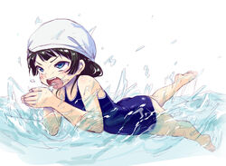  ass black_hair blue_eyes blue_one-piece_swimsuit blush commentary_request female highres kath nijisanji one-piece_swimsuit open_mouth school_swimsuit solo swim_cap swimming swimsuit teeth tsukino_mito virtual_youtuber 