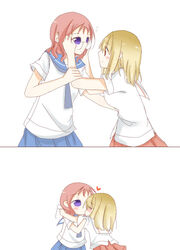  2girls bad_id bad_pixiv_id blonde_hair blue_skirt blush couple fud fukuji_mihoko kazekoshi_school_uniform kissing kiyosumi_school_uniform multiple_girls red_hair saki_(manga) school_uniform serafuku short_hair skirt takei_hisa yuri 