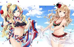  2girls akatsuki_hijiri anchor_hair_ornament bare_shoulders beret bikini bikini_day bikini_skirt black_bikini blonde_hair blue_eyes blue_hair blue_sky blush braid breasts cleavage clothes_lift cloud collarbone commandant_teste_(kancolle) commentary_request confetti day floating_hair france french_braid frilled_bikini frills hair_between_eyes hair_ornament hair_up hat holding holding_clothes holding_hat italian_flag_bikini italy kantai_collection large_breasts lifting_own_clothes long_hair looking_at_viewer mini_hat multicolored_bikini multicolored_clothes multicolored_hair multicolored_sarong multicolored_scarf multiple_girls navel open_mouth outside_border pom_pom_(clothes) purple_eyes red_hair sarong sarong_lift scarf side_braid sky smile stomach streaked_hair swimsuit thighs unworn_hat unworn_headwear wavy_hair wind zara_(kancolle) 