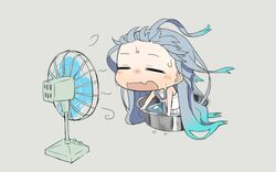  blue_hair chibi closed_eyes commentary_request electric_fan female grey_background kantai_collection long_hair multicolored_hair necktie ofly_(ofly252) open_mouth partially_submerged sailor_collar samidare_(kancolle) solo sweat two-tone_hair very_long_hair washbowl water 