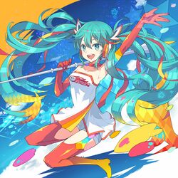  :d alternate_costume aqua_eyes aqua_hair arm_up armpits bare_shoulders boots choker commentary elbow_gloves female gloves goodsmile_racing gradient_hair hair_ribbon hatsune_miku long_hair looking_at_viewer multicolored_hair open_mouth orange_footwear orange_thighhighs race_queen racing_miku racing_miku_(2016) red_gloves red_ribbon red_thighhighs ribbon smile solo star_(symbol) thigh_boots thighhighs twintails vocaloid yaeko 