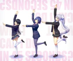  3girls :d ^_^ arm_up black_hair blazer blue_hair blush bow bowtie breasts brown_eyes cardigan closed_eyes commentary_request full_body hair_ornament hairclip highres higuchi_kaede higuchi_kaede_(1st_costume) jacket jk_gumi_(nijisanji) kath kneehighs leg_up loafers long_hair looking_at_viewer mole mole_under_eye multiple_girls nijisanji open_clothes open_jacket open_mouth outstretched_arm pantyhose plaid plaid_skirt pleated_skirt pocket ponytail purple_eyes purple_legwear school_uniform shizuka_rin shizuka_rin_(1st_costume) shoes short_hair simple_background skirt sleeves_past_wrists smile socks standing standing_on_one_leg thighhighs tsukino_mito tsukino_mito_(1st_costume) very_long_hair virtual_youtuber white_legwear 