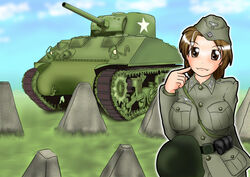  breasts brown_eyes brown_hair caterpillar_tracks cloud commentary_request day dragonteeth female grass kanchuumimai long_hair m4_sherman military military_uniform military_vehicle motor_vehicle original same_hiroshi sky tank uniform 