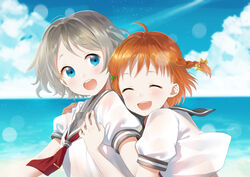  2girls :d ^_^ bad_id bad_pixiv_id blue_eyes blush closed_eyes facing_another furururu grey_hair hair_ornament hairclip hand_on_another&#039;s_chest hand_on_another&#039;s_shoulder hug hug_from_behind love_live! love_live!_sunshine!! multiple_girls open_mouth orange_hair school_uniform serafuku short_hair smile takami_chika uranohoshi_school_uniform watanabe_you 