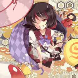  bangle black_hair bow bowtie bracelet camera checkered commentary_request doll dress female from_above grey_horns grin hair_over_one_eye horns impossible_spell_card jewelry jizou kijin_seija lantern lens looking_at_viewer mallet multicolored_hair nimble_fabric orb paper_lantern puffy_short_sleeves puffy_sleeves purple_bow purple_bowtie red_eyes red_hair reeh_(yukuri130) short_hair short_sleeves single_horn small_horns smile solo striped_horns teeth touhou two-tone_hair upside-down yin_yang 