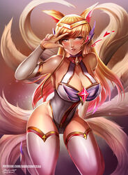  ahri alternate_costume alternate_hair_color badcompzero blue_eyes breasts cleavage female fox_ears fox_tail league_of_legends lips long_hair looking_at_viewer magical_girl nail_polish peach_hair smile solo star_guardian_ahri thigh_boots tiara 