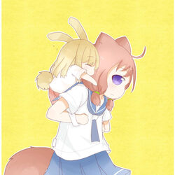  2girls animal_ears bad_id bad_pixiv_id blonde_hair blue_skirt blush couple fox fox_ears fox_tail fud fukuji_mihoko kazekoshi_school_uniform kemonomimi_mode kiyosumi_school_uniform multiple_girls photoshop_(medium) rabbit_ears rabbit_tail red_hair saki_(manga) school_uniform serafuku short_hair skirt tail takei_hisa yuri 