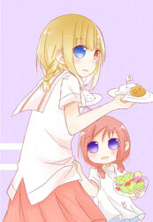  2girls :d aged_down animal_print bad_id bad_pixiv_id blonde_hair blue_eyes blush bowl couple flag food fud fukuji_mihoko glass height_difference highres jpeg_artifacts kazekoshi_school_uniform multiple_girls open_mouth parted_lips photoshop_(medium) pink_skirt plate purple_background rabbit_print red_hair saki_(manga) salad school_uniform short_hair simple_background skirt smile takei_hisa yuri 