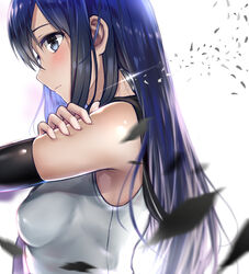  armpits black_gloves blue_eyes blue_hair blush commentary_request elbow_gloves female gloves gokukoku_no_brynhildr harnessed_(gokukoku_no_brynhildr) kuroha_neko leaf long_hair photoshop_(medium) profile sa_(h28085) shiny_skin solo upper_body 