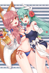  2girls animal_ears aqua_hair bikini blue_bikini blue_one-piece_swimsuit blush breasts cleavage commentary_request fangs fate/extra fate/grand_order fate_(series) flower fox_ears fox_tail green_hair hair_flower hair_ornament highres horns kiyohime_(fate) kiyohime_(swimsuit_lancer)_(fate) kiyohime_(swimsuit_lancer)_(second_ascension)_(fate) large_breasts long_hair looking_at_viewer multiple_girls navel one-piece_swimsuit one_eye_closed open_mouth photoshop_(medium) pika_mouse pink_hair school_swimsuit smile swimsuit tail tamamo_(fate) tamamo_no_mae_(swimsuit_lancer)_(fate) tamamo_no_mae_(swimsuit_lancer)_(third_ascension)_(fate) yellow_eyes 