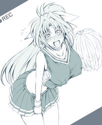  alternate_costume bad_id bad_pixiv_id blue_theme blush breasts cheerleader covered_nipples crop_top crop_top_overhang embarrassed female hagane_soushi large_breasts leaning_forward lindy_harlaown long_hair lyrical_nanoha mahou_shoujo_lyrical_nanoha mature_female midriff monochrome open_mouth pom_pom_(cheerleading) ponytail recording shirt skirt solo taut_clothes taut_shirt tears wristband 