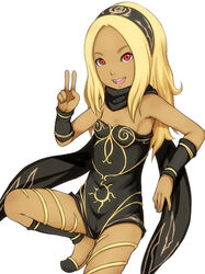  bare_shoulders blonde_hair commentary_request dark-skinned_female dark_skin e10 female gravity_daze hairband kitten_(gravity_daze) long_hair looking_at_viewer photoshop_(medium) red_eyes scarf simple_background smile solo v vambraces white_background 