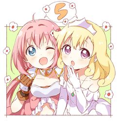  2girls :o ;d blonde_hair blue_eyes commentary_request endro! episode_number flower gloves hair_flower hair_ornament hairclip highres long_hair low_twintails multiple_girls namori official_art one_eye_closed open_mouth pink_hair rona_pricipa_o_rabanesta smile twintails yuria_shardet 