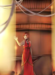  bad_id bad_pixiv_id blurry brown_eyes brown_hair choker commentary_request depth_of_field evillious_nendaiki female glowing highres industrial_pipe laboratory majo_salmhofer_no_toubou_(vocaloid) mandy_kurosaki meiko_(vocaloid) reaching reaching_towards_viewer sad see-through solo stairs stasis_tank vocaloid 