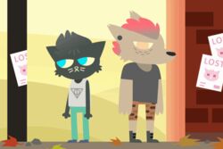  2017 3:2 ambiguous_gender animated anthro autumn blinking blue_eyes bottomwear brick brick_wall camo canid canine canis casey_hartley clothing domestic_cat domestic_dog duo felid feline felis glance leaf mammal missing_poster night_in_the_woods outside pants pole poster shirt short_playtime shorts standing t-shirt tank_top topwear wall_(structure) zetrystan 