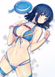  adapted_costume amami_amayu ascot bare_shoulders barefoot beret bikini bikini_day black_hair blue_bikini blue_hat blush breasts cleavage closed_mouth collarbone commentary female front-tie_bikini_top front-tie_top groin halterneck hand_on_own_chest hat highleg highleg_bikini kantai_collection large_breasts looking_at_viewer lying medium_hair multi-strapped_bikini navel on_back red_eyes skindentation smile solo swimsuit takao_(kancolle) thigh_strap thighs unworn_hat unworn_headwear wet wet_clothes wristband 