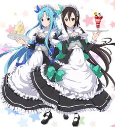  1boy alternate_costume androgynous apron asuna_(sao) asuna_(sao-alo) black_dress black_eyes black_footwear black_hair blue_bow blue_eyes blue_hair bow breasts cleavage commentary_request crossdressing dress enmaided female floating_hair frilled_dress frills full_body green_bow hair_between_eyes highres holding kirito kirito_(sao-ggo) layered_dress long_hair looking_at_viewer maid maid_headdress medium_breasts otoko_no_ko pantyhose parfait sau_(bluepoper) shoes standing sweatdrop sword_art_online very_long_hair white_apron white_background white_pantyhose 