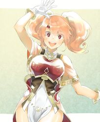  :d aisutabetao armor blush breastplate cape commentary_request female fire_emblem fire_emblem_echoes:_shadows_of_valentia gloves long_hair looking_at_viewer mae_(fire_emblem) open_mouth pink_hair protected_link red_eyes simple_background smile solo tiara twintails 