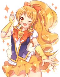  ;d bad_id bad_pixiv_id blonde_hair bow bowtie brooch commentary_request cure_honey earrings female hairbow happinesscharge_precure! heart heart_brooch jewelry kuroki_(ma-na-tu) long_hair magical_girl one_eye_closed oomori_yuuko open_mouth orange_eyes orange_skirt precure skirt smile solo sparkle wide_ponytail wrist_cuffs 