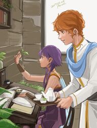  1boy annelie artur_(fire_emblem) bare_shoulders book breasts cape couple cup dress female fire_emblem fire_emblem:_the_sacred_stones indoors lute_(fire_emblem) medium_breasts orange_eyes orange_hair priest purple_eyes purple_hair robe short_hair smile straight tea tea_set teacup teapot twintails 