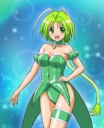  asu_(hengaya) breasts bridal_garter choker commentary_request detached_sleeves female green_choker green_eyes green_hair green_leotard hair_tubes highres leotard magical_girl medium_breasts mew_lettuce midorikawa_lettuce open_mouth puffy_detached_sleeves puffy_sleeves short_hair smile solo tokyo_mew_mew 