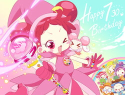  6+girls asuka_momoko birthday blonde_hair blush bottle_(x890264) brown_hair commentary_request dodo_(ojamajo_doremi) dress earrings eighth_note fujiwara_hazuki gift glasses gloves hair_ornament happy_birthday harukaze_doremi harukaze_poppu hat holding holding_wand jewelry lala_(ojamajo_doremi) magical_girl majomonroe majorika majoruka multiple_girls musical_note ojamajo_doremi one_eye_closed open_mouth photoshop_(medium) pink_dress pink_eyes pink_gloves purple_eyes purple_hair rainbow red_hair segawa_onpu senoo_aiko smile wand 