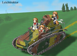  3girls blush brown_eyes brown_hair cana caterpillar_tracks cloud commentary_request day graphite_(medium) grass headphones leichttraktor long_hair looking_at_viewer maid military military_vehicle motor_vehicle multiple_girls open_mouth original outdoors short_hair sky smile tank traditional_media tree world_of_tanks 