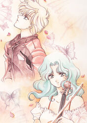  2girls aqua_hair bishoujo_senshi_sailor_moon blonde_hair bug butterfly casual contemporary floating_hair instrument jacket kaiou_michiru leather leather_jacket looking_up mizuki_mario multiple_girls painting_(medium) parted_bangs petals photoshop_(medium) profile short_hair ten&#039;ou_haruka traditional_media very_short_hair violin watercolor_(medium) 