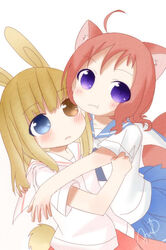  2girls animal_ears bad_id bad_pixiv_id blonde_hair blue_eyes blue_skirt blush couple fox fox_ears fox_tail fud fukuji_mihoko heterochromia hug kazekoshi_school_uniform kemonomimi_mode kiyosumi_school_uniform multiple_girls photoshop_(medium) rabbit_ears rabbit_tail red_hair saki_(manga) school_uniform serafuku short_hair skirt tail takei_hisa yuri 