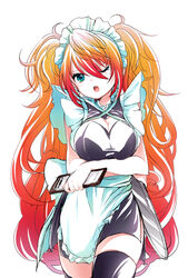  alternate_costume apron aqua_eyes breast_hold breasts cleavage cleavage_cutout clothing_cutout commentary_request crossed_arms enmaided female hair_between_eyes highres large_breasts leilan_(p&amp;d) long_hair maid maid_apron maid_headdress multicolored_hair notepad one_eye_closed orange_hair pikomarie puzzle_&amp;_dragons red_hair solo thighhighs tray two-tone_hair very_long_hair 