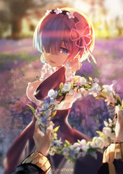  artist_name azomo black_dress blue_eyes blue_hair breasts cleavage commentary detached_sleeves dress evening female field floral_background flower flower_field from_behind hair_ornament hairclip head_wreath highres looking_at_viewer maid maid_headdress md5_mismatch medium_breasts open_mouth out_of_frame photoshop_(medium) pov pov_hands re:zero_kara_hajimeru_isekai_seikatsu rem_(re:zero) roswaal_mansion_maid_uniform short_hair solo_focus sunlight x_hair_ornament 