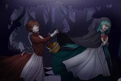  2girls apple apron aqua_hair basket bottle brown_hair chasing cloak commentary crying crying_with_eyes_open dress english_commentary eve_moonlit evillious_nendaiki fleeing food forest fruit green_dress hand_on_own_chest hatsune_miku highres holding hood long_hair mandy_kurosaki meiko_(vocaloid) meta_salmhofer milk_bottle moonlit_bear_(vocaloid) multiple_girls nature night picnic_basket reaching reaching_towards_viewer red_dress short_hair tears tree very_long_hair vocaloid 