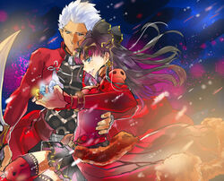  1boy archer_(fate) black_hair black_ribbon black_skirt bracelet breasts commentary_request fate/grand_order fate_(series) female floating_hair green_eyes hair_ribbon holding holding_sword holding_weapon hosiko01 jewelry long_hair medium_breasts miniskirt pleated_skirt red_legwear red_shirt ribbon shirt sideboob skirt smile sword thighhighs tohsaka_rin tohsaka_rin_(formalcraft) weapon white_hair zettai_ryouiki 