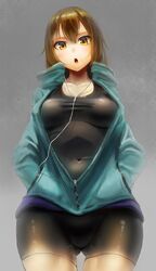  :o bike_shorts breasts brown_eyes brown_hair commentary_request covered_navel earphones female from_below hands_in_pockets hood hood_down hoodie kazo_(kazozakazo) large_breasts looking_at_viewer open_mouth original parka-chan_(kazo) short_hair solo standing zipper 