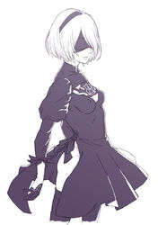  2b_(nier:automata) ass bad_id bad_pixiv_id blindfold breasts cleavage commentary covered_eyes covered_nipples dress female gloves hairband kaburagi_yuki monochrome nier:automata nier_(series) puffy_sleeves simple_background small_breasts solo thighhighs white_background 