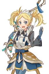  blonde_hair blue_bow blue_eyes blue_gloves bow bow_(weapon) commentary cosplay female fire_emblem fire_emblem_awakening fire_emblem_fates fire_emblem_heroes fur_trim gloves holding holding_bow_(weapon) holding_weapon hraaat lissa_(fire_emblem) long_sleeves open_mouth partially_fingerless_gloves setsuna_(fire_emblem) setsuna_(fire_emblem)_(cosplay) simple_background solo twintails weapon white_background 