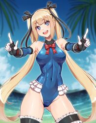  beach black_legwear black_ribbon blonde_hair blue_eyes blue_one-piece_swimsuit blue_sleeves bow breasts commentary dead_or_alive detached_sleeves female frilled_one-piece_swimsuit frills gloves hair_ribbon hairbow highleg highleg_swimsuit highres long_hair looking_at_viewer marie_rose marie_rose_(devilish_servant_against_the_splashing_waves) medium_breasts one-piece_swimsuit outdoors red_ribbon ribbon skin_tight smile solo swimsuit twintails yasu_suupatenin 