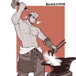  1boy abs anvil bara beard blacksmith blacksmith_tongs breath brown_hair chest_hair clothes_around_waist facial_hair feet_out_of_frame glowing_hot hammer highres keo_(mondoart) large_pectorals male_focus mallet mature_male mondoart multicolored_hair multiple_monochrome muscular muscular_male navel nipples original pectorals shirt shirt_around_waist short_hair solo spiked_hair stomach sweat tongs topless_male two-tone_hair undercut 