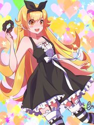  anotherplus bakemonogatari bare_shoulders black_dress blonde_hair blush_stickers bow doughnut dress female food frills garter_straps heart highres holding holding_food long_hair looking_at_viewer monogatari_(series) oshino_shinobu pon_de_ring smile solo striped_clothes striped_thighhighs thighhighs yellow_eyes 