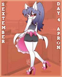  4:5 absurd_res anthro apron bakery bat bat_wings border clothing fangs female footwear hair hi_res high_heels kitchen mammal membrane_(anatomy) membranous_wings orange_border platform_footwear platform_heels ponytail sextember short_pants solo tdfoxoo teeth topwear wings 