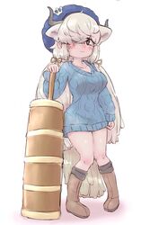  beret black_horns blue_sweater blush boots breasts brown_eyes butter_churn cleavage dress extra_ears female grey_horns hair_over_one_eye hat highres horns k_(susiinochi24) kemono_friends kemono_friends_3 large_breasts long_hair looking_at_viewer multicolored_horns ox_ears ox_girl ox_horns ox_tail solo sweater sweater_dress twintails white_hair yak_(kemono_friends) 