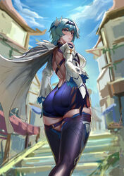  absurdres arecus ass ass_support backless_leotard backless_outfit bad_id bad_pixiv_id bare_back black_gloves black_hairband blue_hair blue_leotard blue_sky blurry blurry_background breasts cape closed_mouth cloud commentary_request day depth_of_field detached_sleeves eula_(genshin_impact) female genshin_impact gloves hairband highres house leotard looking_at_viewer looking_back medium_breasts medium_hair outdoors purple_thighhighs sky solo stairs standing thick_thighs thighhighs thighs walking white_cape wide_sleeves yellow_eyes 